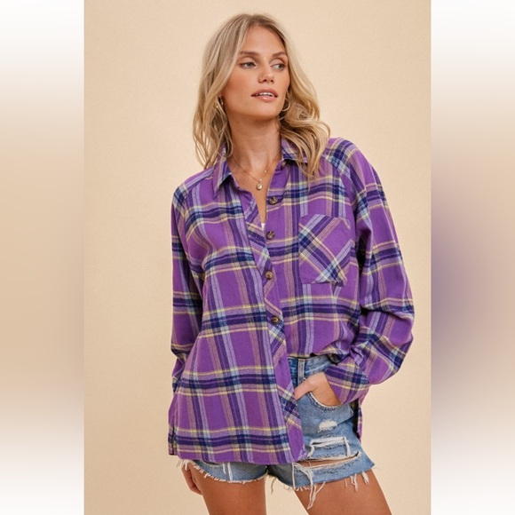 Hem & Thread Tops - 968. Hem & Thread Oversized Plaid Cotton Button Down Top Purple New Item NWT